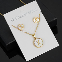 Letter X 304 Наборы из нержавеющей стали: подвески и серьги-гвоздики из натуральной ракушки., золотые, плоские круглые с буквы, Письмо X, колье: 17.72 дюйм (45 см)