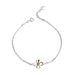 Platinum & Golden 925 Sterling Silver Bracelet, Four Leaf Clover with Real 18K Gold Plated Bud, Platinum & Golden, 170mm