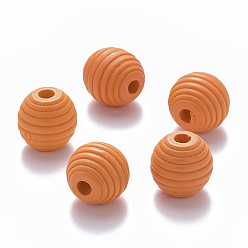 Orange Painted Natural Wood Beehive European Beads, Large Hole Beads, Round, Orange, 18x17mm, Hole: 4.5mm