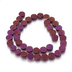 Purple Plated Electroplated Non-magnetic Synthetic Hematite Beads Strands, Frosted, Flat Round, Purple Plated, 10x4mm, Hole: 1mm, about 40pcs/strand, 15.94 inch(40.5cm)