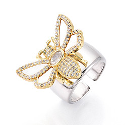 Real Gold Plated & Real Platinum Plated Латунные микропаве кубические цирконии регулируемые открытые манжеты кольца для женщин, Пчелы, с оболочкой, без кадмия и без свинца, настоящее золото и платина, регулируемый, 21x27 мм