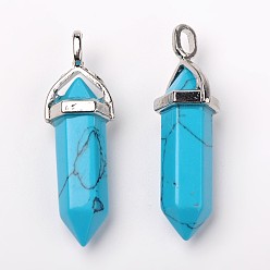 Synthetic Turquoise Dyed Synthetic Turquoise Pointed Pendants, with Platinum Tone Random Alloy Pendant Hexagon Bead Cap Bails, Bullet, 36~40x12mm, Hole: 3x4mm, Gemstone: 8mm in diameter