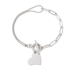 Нержавеющая Сталь Цвет Сердце 304 из нержавеющей стали шарм браслеты, браслеты-цепочки с шариками и скрепками для женщин, с Переключить застежками, цвет нержавеющей стали, 7.68 дюйм (19.5 см)