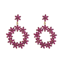 Fuchsia Alloy Rhinestone Stud Earrings, Flower, Fuchsia, 62x45mm