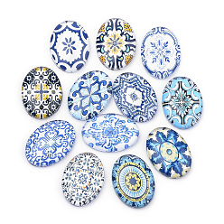 Mixed Color Flatback Glass Cabochons for DIY Projects, Floral Pattern, Oval, Mixed Color, 25x18x5.5mm
