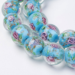 Dark Turquoise Handmade Gold Sand Lampwork Beads Strands, Inner Flower, Round, Dark Turquoise, 12.5~13.5mm, Hole: 1.5mm, about 28pcs/strand, 14.88 inch(37.8cm)