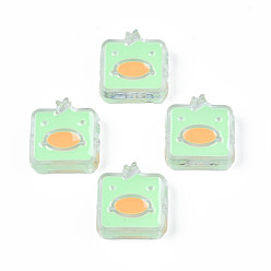 Pale Green Transparent Acrylic Beads, with Enamel, Square with Duck, Pale Green, 24x23x8mm, Hole: 3mm