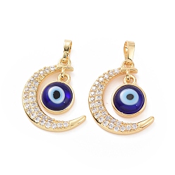 Blue Brass Micro Pave Cubic Zirconia Pendants, with Handmade Evil Eye Lampwork, Crescent Moon Charm, Real 18K Gold Plated, Blue, 23x16x4mm, Hole: 4x6mm