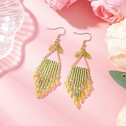 Смешанные камни 304 из нержавеющей стали болтаться серьги, со стеклянными семенами, натуральным желтым кварцем и натуральным агатом, лист, золотые, 82x19 мм