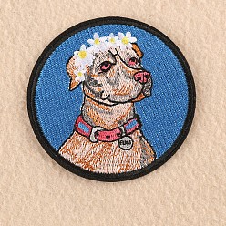 Royal Blue Computerized Embroidery Cloth Iron on/Sew on Puppy Patches, Costume Accessories, Appliques, Flat Round with Dog & Floral Hoop, Royal Blue, 8.2cm