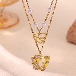 Golden Mother's Day Brass Micro Pave Clear Cubic Zirconia Baby Mother Heart Pendant Double Layer Necklaces with Imitaiton Pearl, Golden, 17.72 inch(45cm)