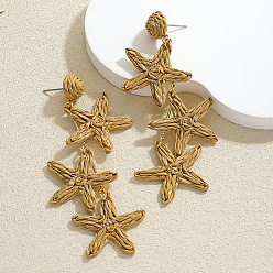 (932FM) Темно-синий аква-матовый с подкладкой Серьги-гвоздики из сплава рафии в виде морских звезд, золотые, темно-золотистые, 89x30 мм