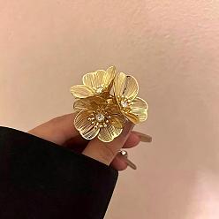 Oro Anillos abiertos tipo brazalete de aleación de zinc con diamantes de imitación para mujer, flor, anillos de latón, dorado, 45x45 mm, ajustable