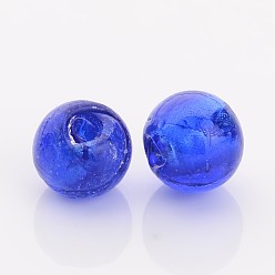 Blue Handmade Silver Foil Glass Beads, Round, Blue, 7.5~8.5mm, Hole: 1mm