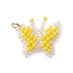 Желтый Подвески-бабочки из стеклянного бисера, с 304 кольцом из нержавеющей стали, желтые, 18x22.5x4.5 мм, отверстие : 3.5 мм