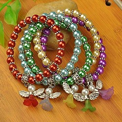 Color mezclado Pulseras ángel vestido de boda encantadores para niños, pulseras del estiramiento del carnaval, con cuentas de perlas de cristal y perlas de estilo tibetano, color mezclado, 45 mm