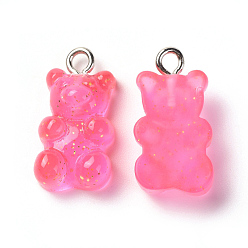 Hot Pink Translucent Resin Pendants, with Platinum Plated Metal Screw Eye Pin Peg Bails, Bear, Hot Pink, 20x11x7mm, Hole: 2mm