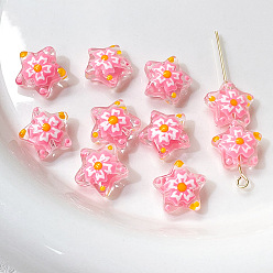 Hot Pink Handmade Lampwork Beads, Famille Rose Porcelain, Star, Hot Pink, 13x6mm, Hole: 1.2mm