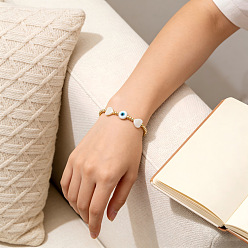 Золотой Летние браслеты из натуральных ракушек в форме сердца и сглаза, а также круглых латунных бусин с цепочками из нержавеющей стали., белые, золотые, 6.89 дюйм (17.5 см)