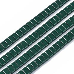 Темно-Зеленый Немагнитные синтетические гематитовые многожильные звенья, окрашенные распылением, несущие бусины с двумя отверстиями, для изготовления эластичных браслетов, прямоугольные, темно-зеленый, 2x5x2 мм, отверстие : 0.6 мм, около 170 шт / нитка, 15.9 дюйм