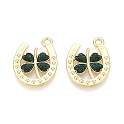 Зеленый Подвески ко Дню Святого Патрика из сплава эмали и блестящей пудры, подвески в виде подков и клевера, золотые, зелёные, 20x16x1.5 мм, отверстие : 1.8 мм