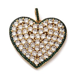 Темно-Зеленый Латунные микро проложить кубического циркония подвески, сердце прелести, стойки покрытие, прочное покрытие, без кадмия и без свинца, реальный 18 k позолоченный, темно-зеленый, 32.5x35x4 мм, отверстие : 3x5.5 мм
