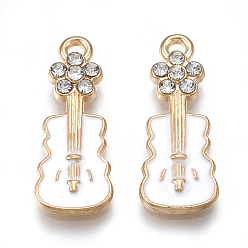Creamy White Alloy Pendants, Cadmium Free & Lead Free, with Enamel and Rhinestone, violin, Light Gold, Crystal, Creamy White, 22x8.5x2.5mm, Hole: 2mm