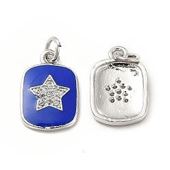 Blue Brass Micro Pave Cubic Zirconia Pendants, with Enamel & Jump Ring, Rectangle with Star Charm, Platinum, Blue, 16x11x2mm, Hole: 2.5mm
