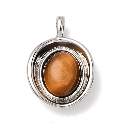 Платина Природных тигровый глаз подвески, с реечным покрытием из латуни с фурнитурой, долговечный, плоский круглый шарм, платина, 18.5x12.5x5.5 мм, отверстие : 3.5x2 мм