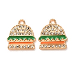 Green Alloy Enamel Pendants, Hamburger Charms, with Rhinestone, Light Gold, Green, 17.3x15.5x1.7mm, Hole: 1.8mm