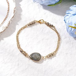 Лабрадорита Многорядные браслеты из бусин натурального лабрадорита и немагнитного синтетического гематита, браслеты для женщин, слеза, с 304 кабельными цепочками из нержавеющей стали, 8-1/8 дюйм (20.5 см)