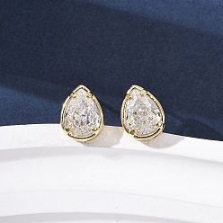 Teardrop Серьги-гвоздики из латунного микро-паве, стойки покрытие, долговечный, без кадмия и без свинца, реальный 18 k позолоченный, слеза, 10x7.5 мм