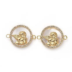 Прозрачный Латунные микропрозрачные кубические циркониевые соединения, с оболочкой, плоские круглые с ангелом, золотые, 15.5x20x2.5 мм, отверстие : 1.6 мм