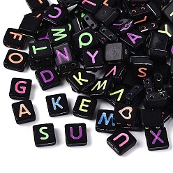 Mixed Color Opaque Acrylic Enamel Beads, 2-Hole Beads, Square with Mixed Shapes Pattern, Mixed Color, 8.5x8x3.5mm, Hole: 1.4mm, about 1960pcs/500g