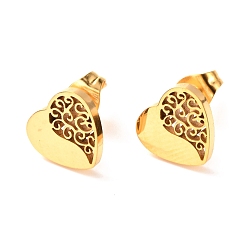 Golden Ion Plating(IP) 304 Stainless Steel Stud Earrings, Heart, Golden, 10x9mm, Pin: 0.8mm