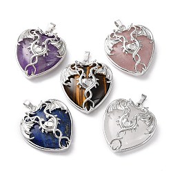 Латунь Подвеска в форме сердца из натуральных и синтетических драгоценных камней в форме сердца со стразами, подвески в виде крыльев из латуни с платиновым покрытием, долговечный, пригодный для стразов 3 мм, 37x33x10~11.5 мм, отверстие : 8x5 мм