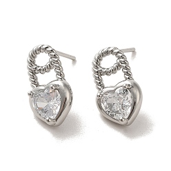 Platinum Heart Brass Micro Pave Cubic Zirconia Stud Earrings, with 925 Sterling Silver Pins, Platinum, 15.5x9mm