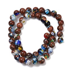 Седло Коричневый Handmade millefiori lampwork beads strands, круглые, с золотым песком, седло коричневый, 8x7.5 мм, отверстие : 0.9 мм, около 48 шт / нитка, 14.33'' (36.4 см)