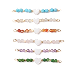 Смешанные камни Круглые граненые подвески-фигурки из натурального смешанного камня и натуральной пресноводной ракушки в форме сердца, с петлями из медной проволоки, золотые, смешанные окрашенные и неокрашенные, 44~47x6x3~3.5 мм, отверстие : 1.8 мм