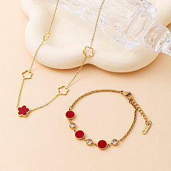 Красный Элегантный 201 комплект украшений из нержавеющей стали, браслеты и ожерелья с цветочным узором из плоских круглых звеньев и кубических цирконий, красные