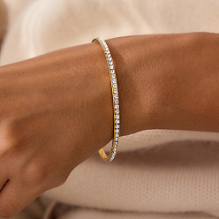 Настоящее золото 18K 304 простые браслеты из нержавеющей стали со стразами для женщин, реальный 18 k позолоченный, внутренний диаметр: 2.56 дюйм (6.5 см)