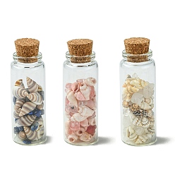 Смешанные камни 3шт. прозрачная стеклянная бутылка для желаний, балансировка драгоценных камней викка, с ракушкой, синтетическим вишневым кварцем, натуральным кварцевым кристаллом и бусинами из лазурита внутри, 27x78.5 мм