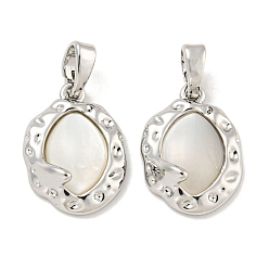 Platinum Natural Shell Pendants, Brass Textured Oval Charms with Snap on Bails, Platinum, 16x12x3mm, Hole: 5x2mm