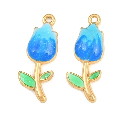 Deep Sky Blue 304 Stainless Steel Enamel Pendants, Flower Charms, Ion Plating(IP), Real 18K Gold Plated, Deep Sky Blue, 23x9x3.5mm, Hole: 1.4mm