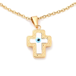 Golden 304 Stainless Steel Cross with Evil Eye Pendant Necklaces, with Enamel and Cable Chains, Golden, 45.4cm