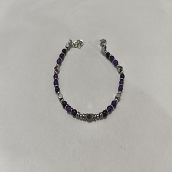 Аметист Регулируемые 304 браслеты из нержавеющей стали с бусинами из драгоценных камней, прямоугольные, 6-1/4 дюйм (16 см)