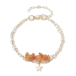 Red Aventurine Natural Red Aventurine Chip Multi-Strand Bracelet Sets, Star Charm 304 Stainless Steel Twisted Chain Stackable Bracelets for Women, 7-1/8 inch(18.2cm)