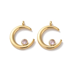 Розовый 304 подвески из нержавеющей стали, со стразами, реальный 14 k позолоченный, двойной рог / подвеска в виде полумесяца, светло-розовый, 18x14x2 мм, отверстие : 1.8 мм