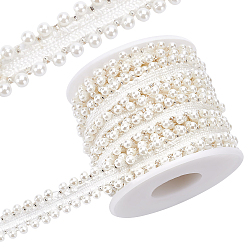 White 5 Yards Polyester Ribbon, with ABS Plastic Beads, Flat, Garment Accessories, White, 1/2 inch(12mm), 4mm, 5yards, about 4.57m