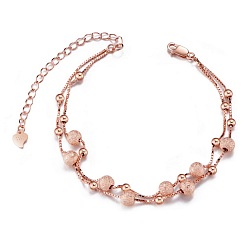 Rose Gold 925 Sterling Silver Multi-strand Bracelets, Double Chains and Beads, with S925 Stamp, Rose Gold, 6-1/2 inch(16.5cm)